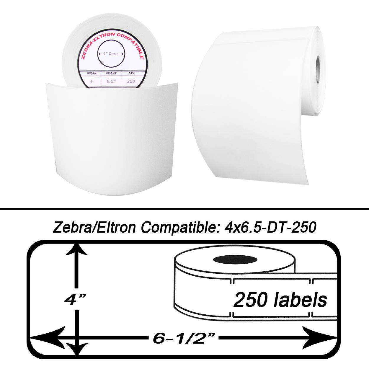 Zebra/Eltron-Compatible 4 x 6.5 Labels (4" x 6-1/2") -- BPA Free! (15 Rolls; 250 Labels per Roll)