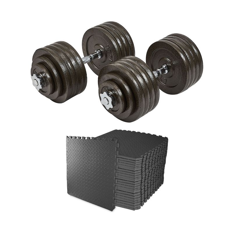 Sporzon! 200 Pound Adjustable Free Weight Dumbbell Set with Cast Iron Plates, and 3/4 Inch Floor Exercise Mat, 96 Sq Ft, Black