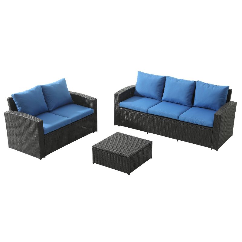 3pc Wicker Rattan Sofa Set with Blue Cushions - Accent Furniture