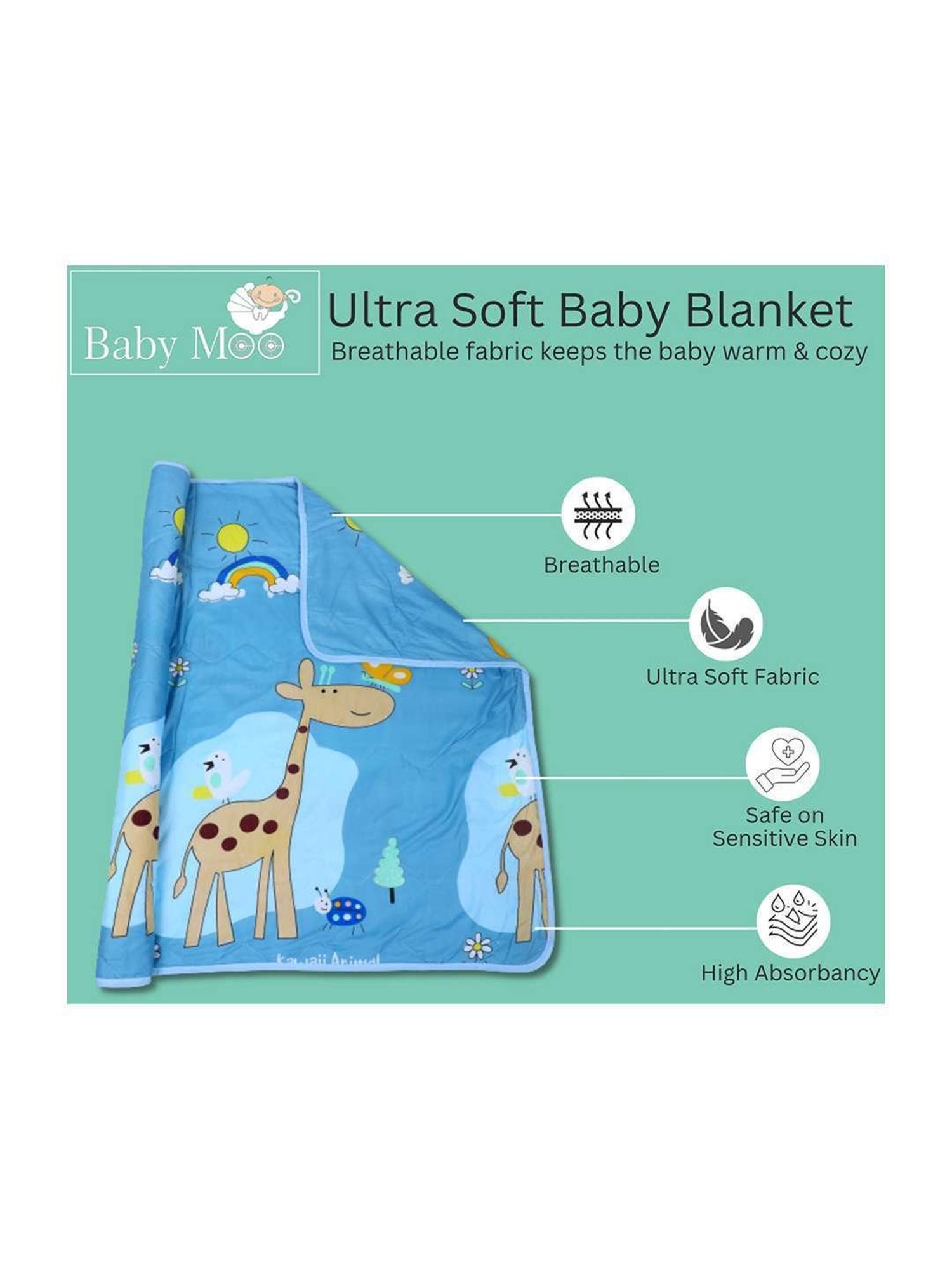 Baby Moo Kids Blue & Beige Sunny Day With Giraffe Soft Quilted Reversible Blanket