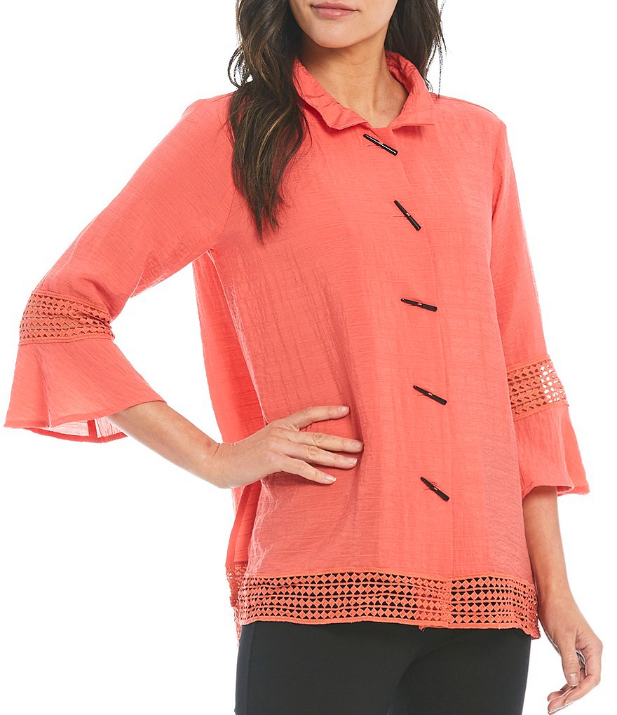 Ali Miles Textured Crochet Hem Wire Neck Blouse