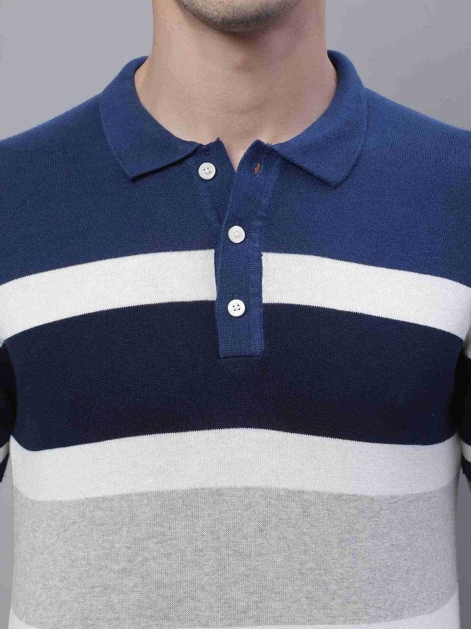 Cantabil Blue Cotton Regular Fit Striped Polo T-Shirt