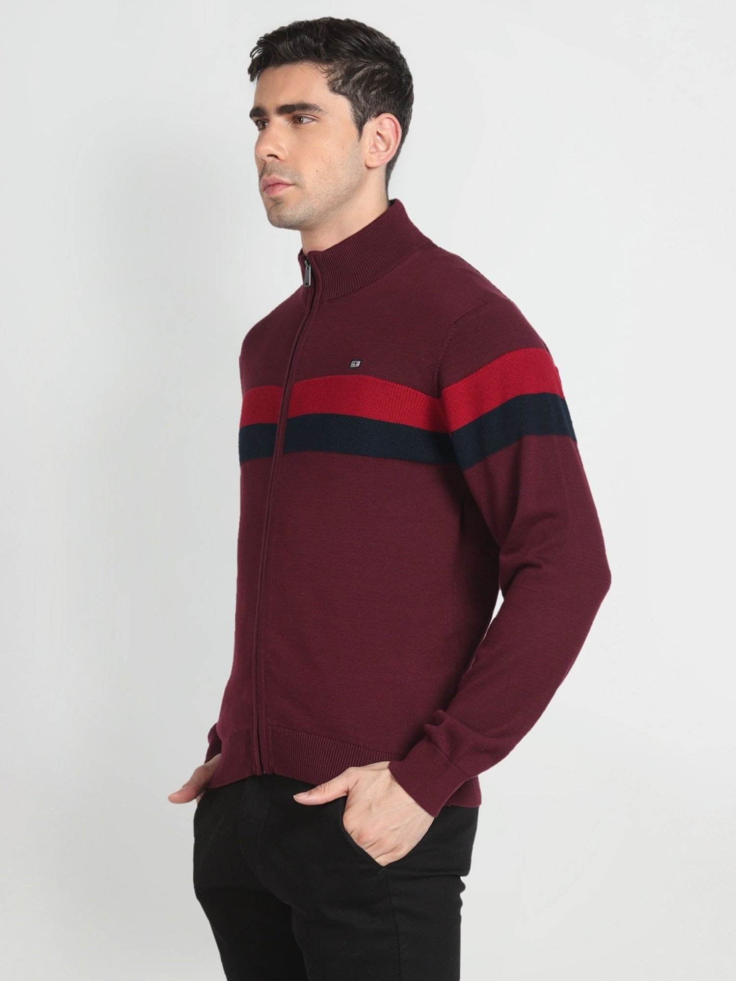 Arrow Sport Dark Red Cotton Regular Fit Striped Sweater