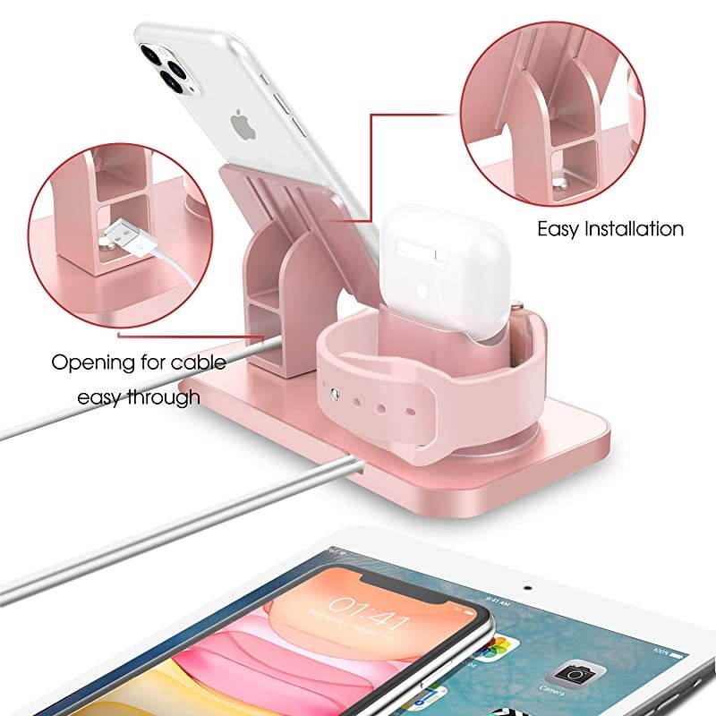 3 in 1 Charging Stand for Apple Watch Series 54321 Airpods Pro 2019 21 Compatible with iPhone 12 11 XS MAX XR XS 8 7 6 6S Plus 5S iPad Tablet StandOriginal Cable Required Rose Gold