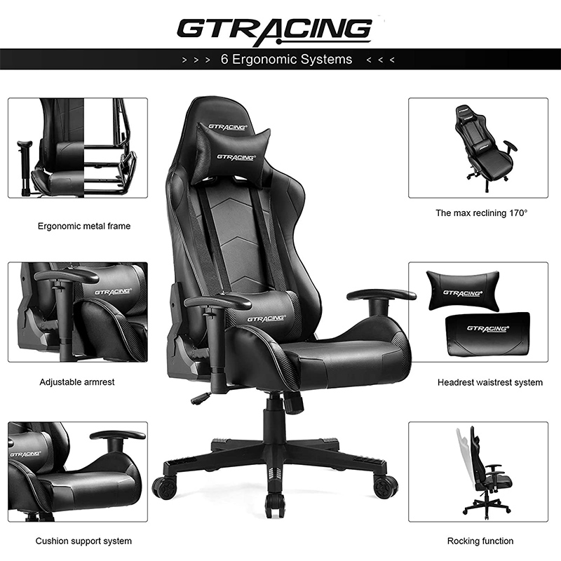 GTRACING Gaming Chair Racing Office Computer Game Chair Ergonomic Backrest and Seat Height Adjustment with Pillows Recliner Swivel Rocker Headrest and Lumbar Tilt E-Sports Chair (Black/Red)