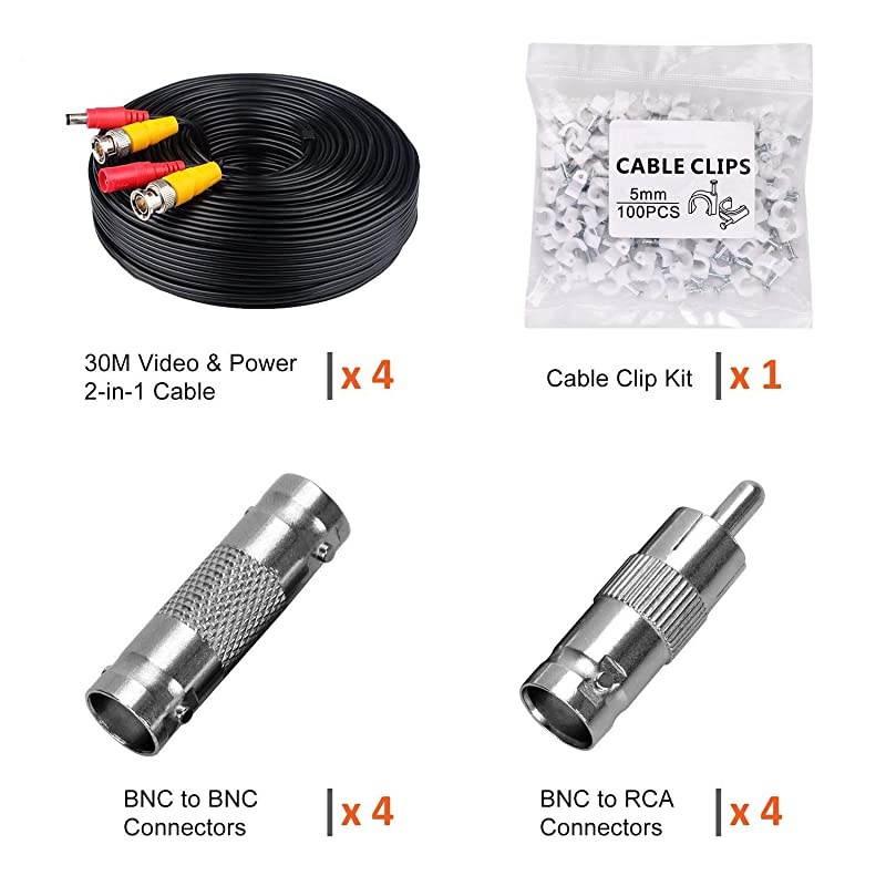 4Pack 4K 8MP 5MP 4MP 1080P 100Ft 30 Meters PreMade AllinOne BNC Cables for Security Camera System and CCTV Bullet Cameras or Dome Cameras