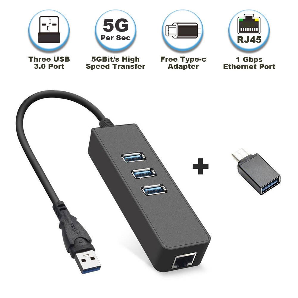 Updated 3-Port USB 3.0 Hub with RJ45 10/100/1000 Gigabit Ethernet Adapter Converter LAN Wired USB Network Adapter, USB 3.0/Type C to RJ45 1 Gigabit Port for Ultrabooks, Notebooks, Tablets and More
