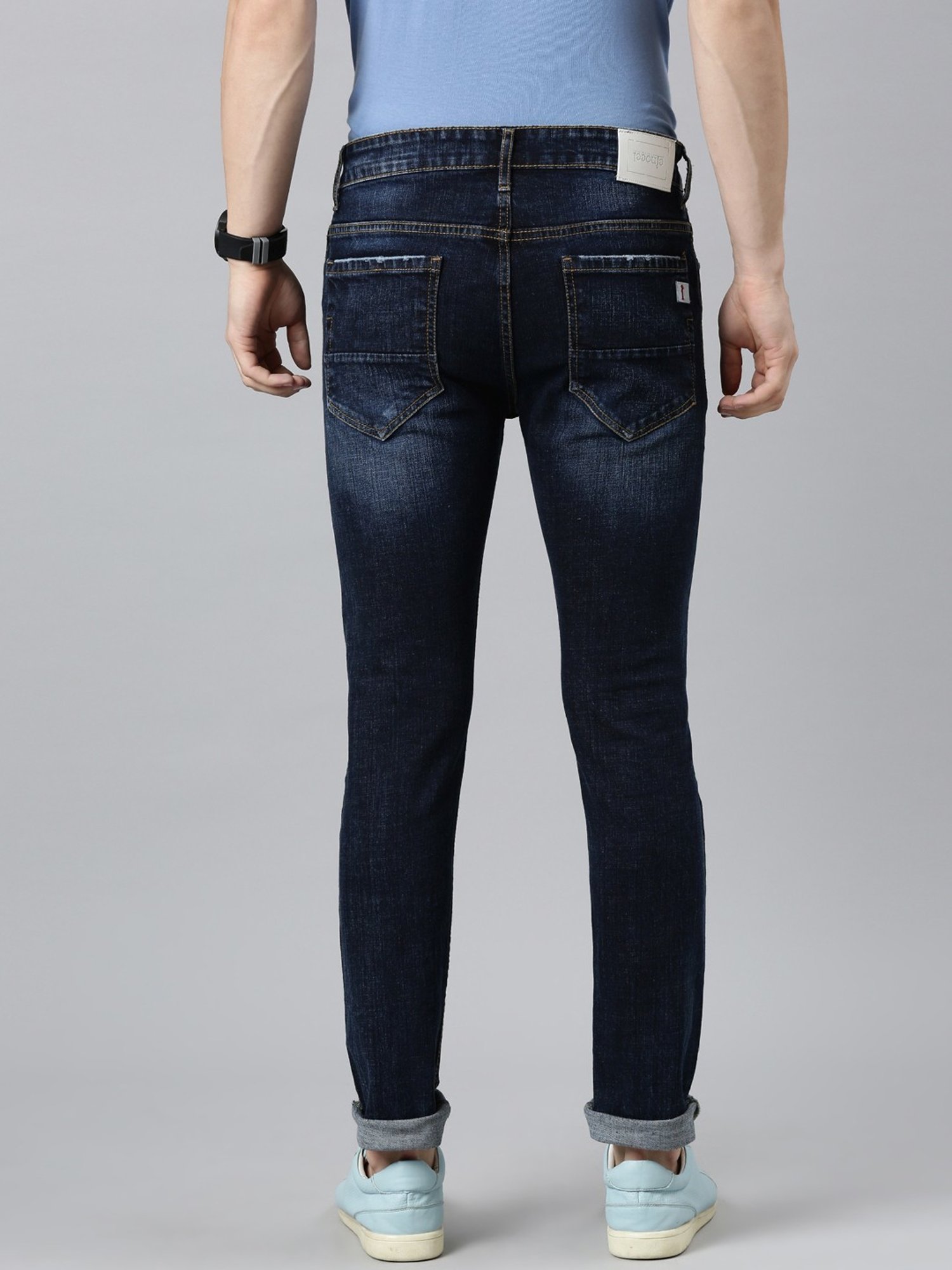 CINOCCI Cobalt Blue Cotton Slim Fit Distressed Jeans