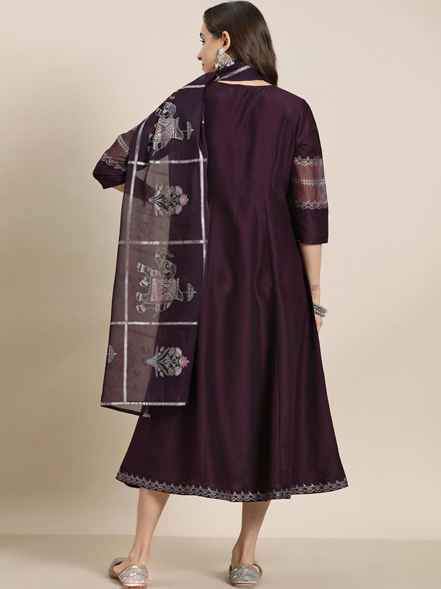 Ziyaa Purple Printed A-Line Dress With Dupatta