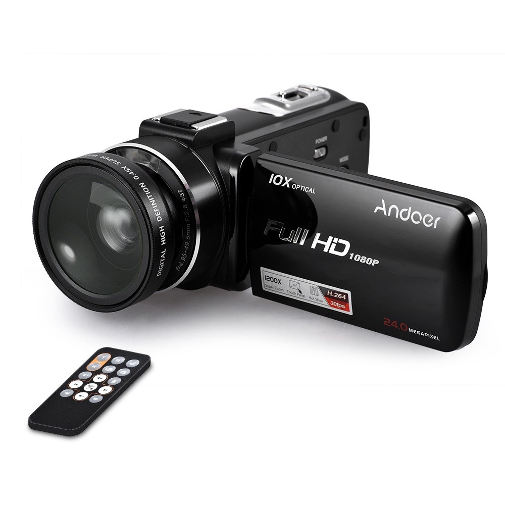 Andoer HDV-Z82 1080P Full HD 24MP Digital Video Camera Camcorder with 0.39X Wide Angle + Macro Lens 3" LCD Touchscreen Remote Control LED Light Support 10X Optical Zoom External Microphone Anti-Shake