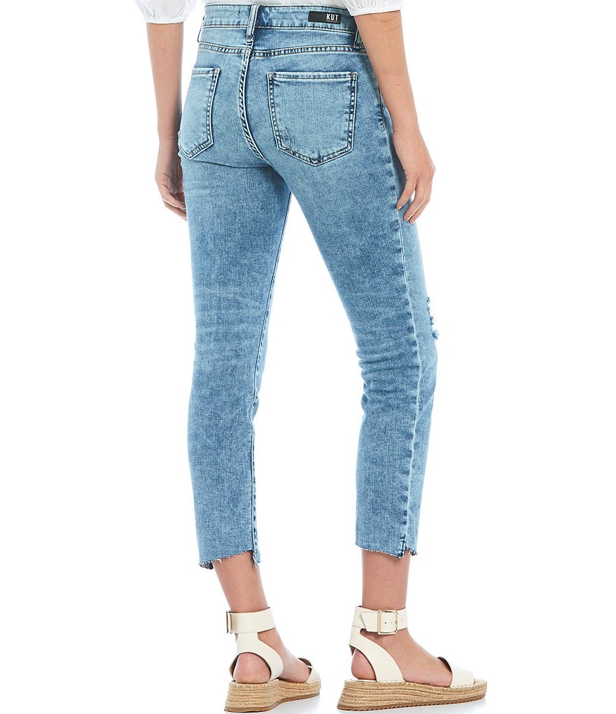 KUT from the Kloth Reese Destruction Detail Straight Leg Slant Raw Hem Ankle Jeans