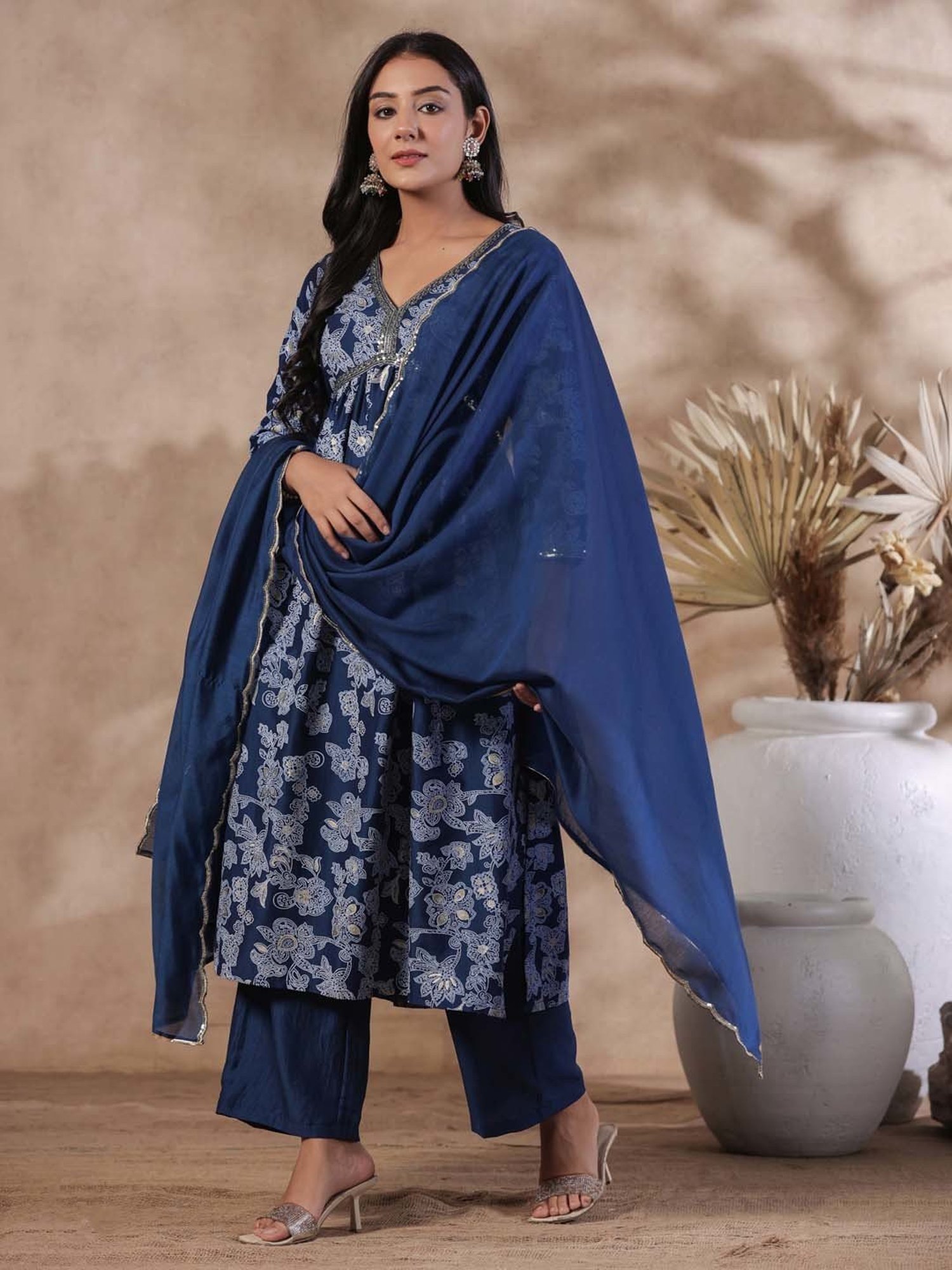 Ishin Navy Printed Kurta With Palazzo & Dupatta