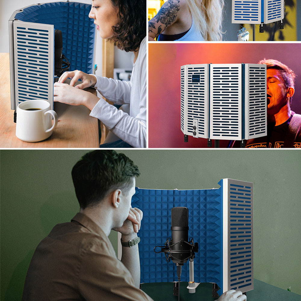 Technical Pro Portable and Foldable 5-Panel Professional Vocal Isolation Reflection Sound Shield for Home Office and Studio Recording  (Silver Aluminum, Blue Foam)