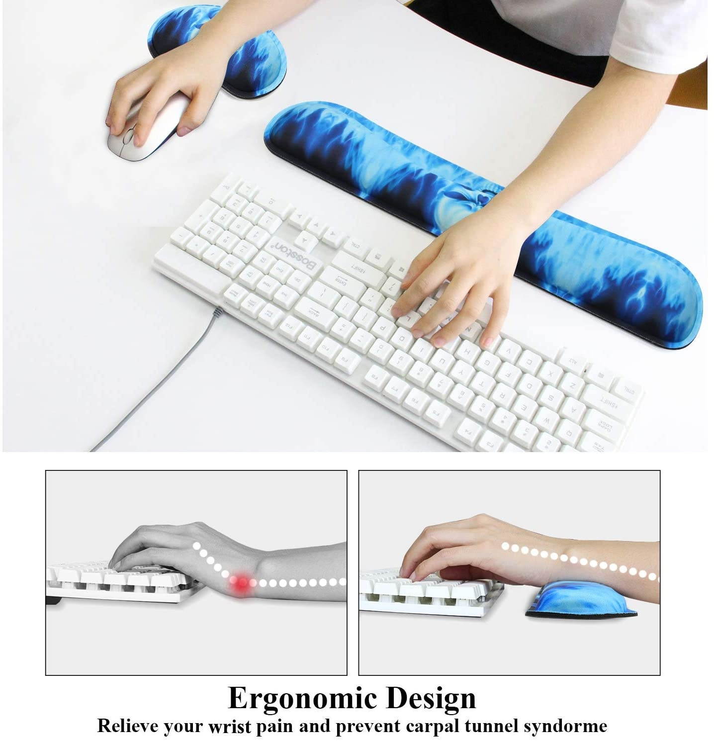 Meffort Inc Gaming Keyboard Wrist Pad & Mouse Wrist Rest Cushion Support Combo Set &ndash; Durable Ergonomic Anti Slip Non-Slip Base - Blue Skull