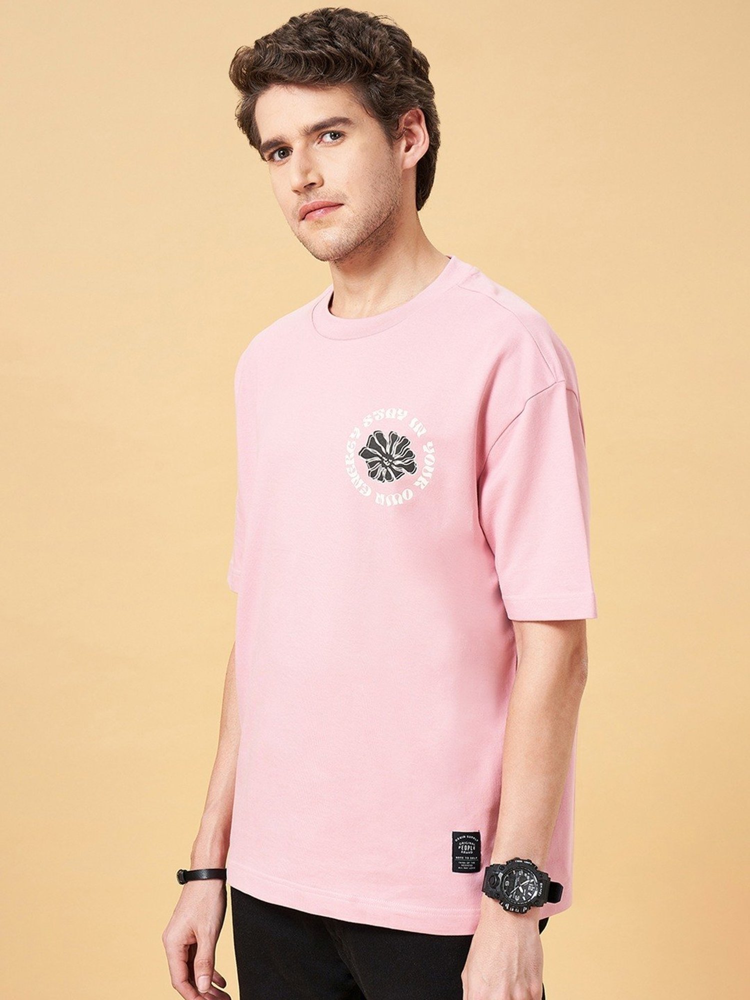 People by Pantaloons Pink Lavender Cotton Boxy Fit Printed T-Shirt
