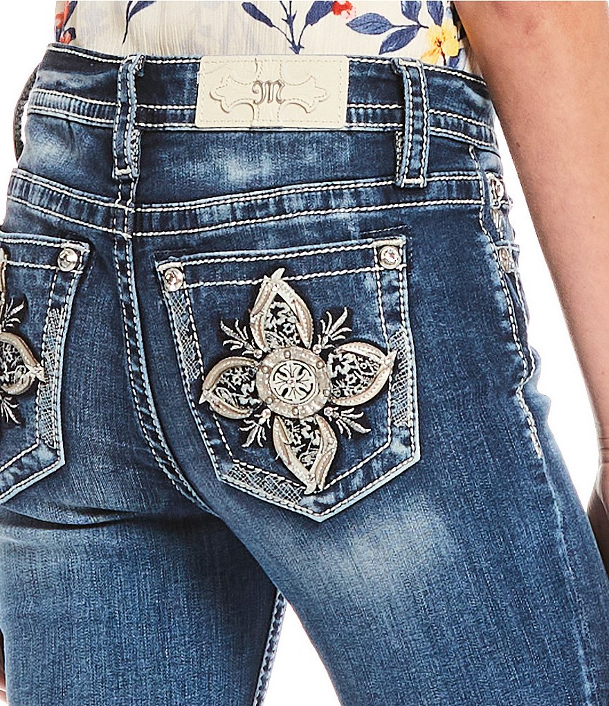 Miss Me Floral Petal Embellished Pocket Bootcut Jeans