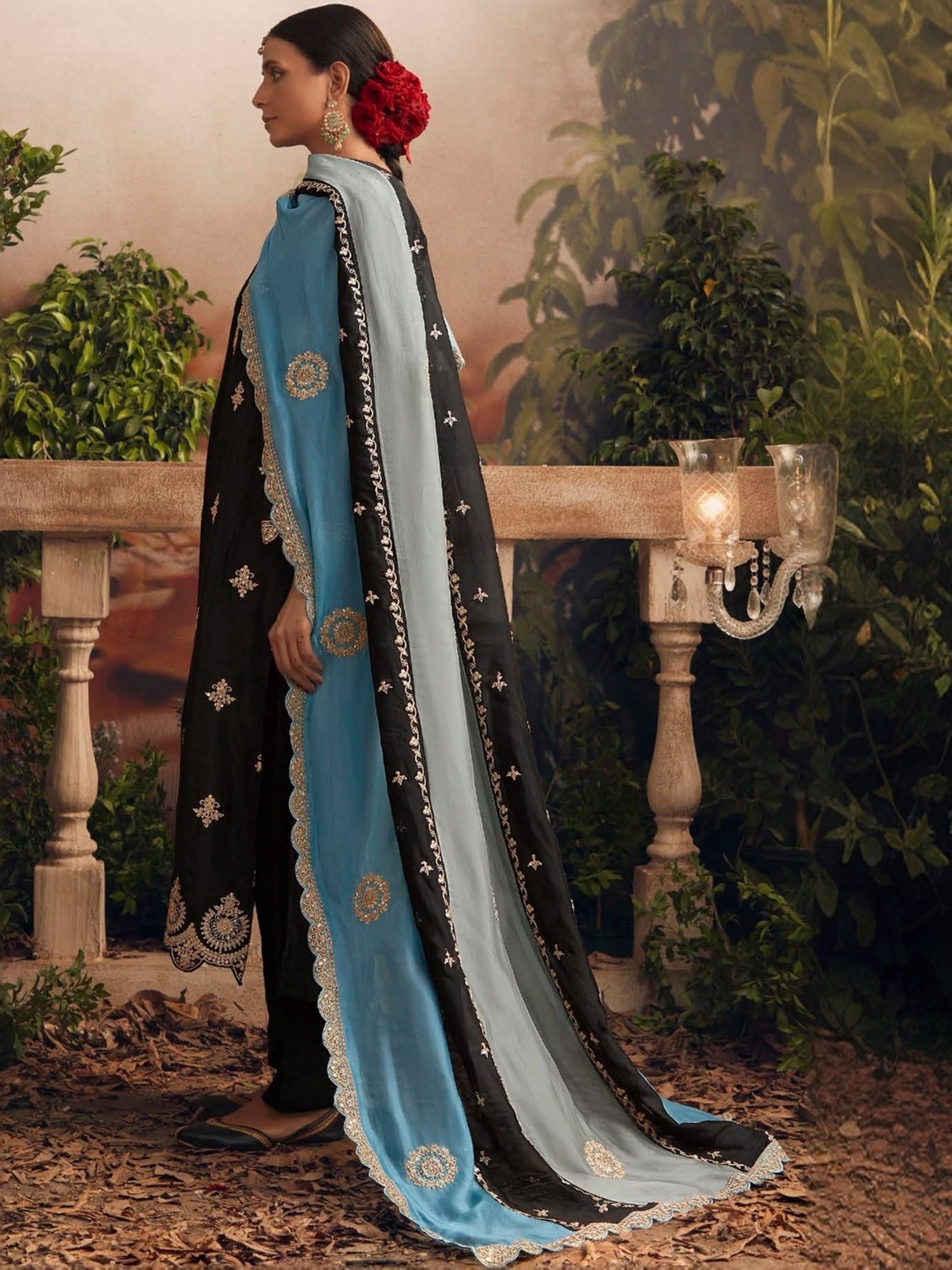 Indo Era Black Embroidered Kurta Pant Set With Dupatta