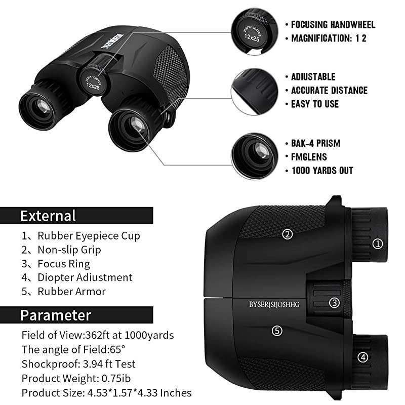 12x25 Compact Binoculars with Night Vision, High Powered Binoculars for Travel, Hunting, Bird Watching, Theater