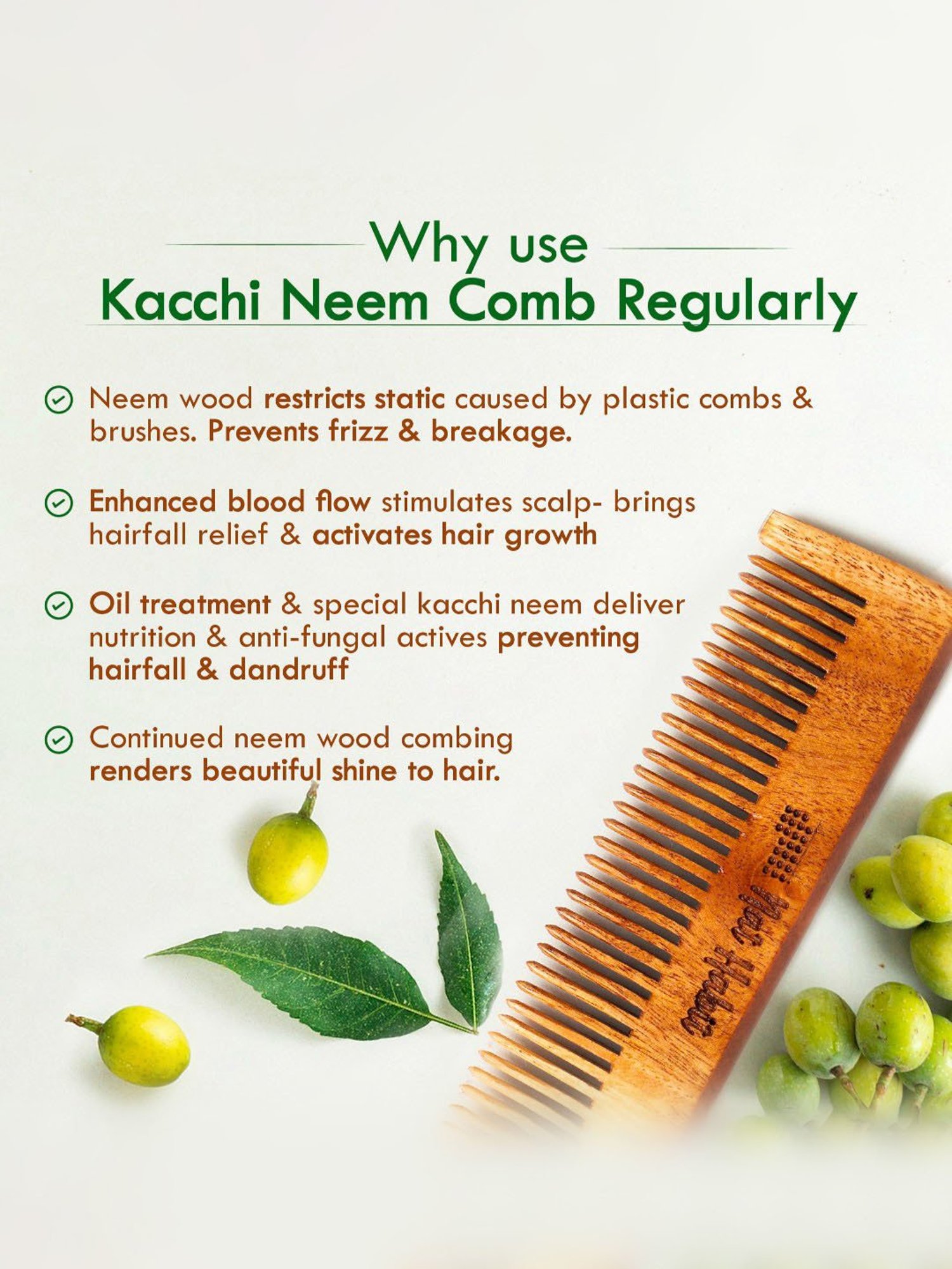 Nat Habit Kacchi Neem Wodden Fine Tooth Pocket Comb - Pack of 2