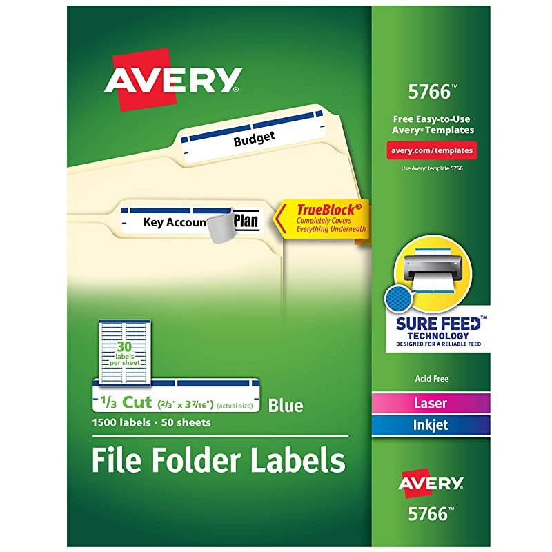 Blue File Folder Labels for Laser and Inkjet Printers with TrueBlock Technology 23 inches x 3716 inches Box of 1500 5766
