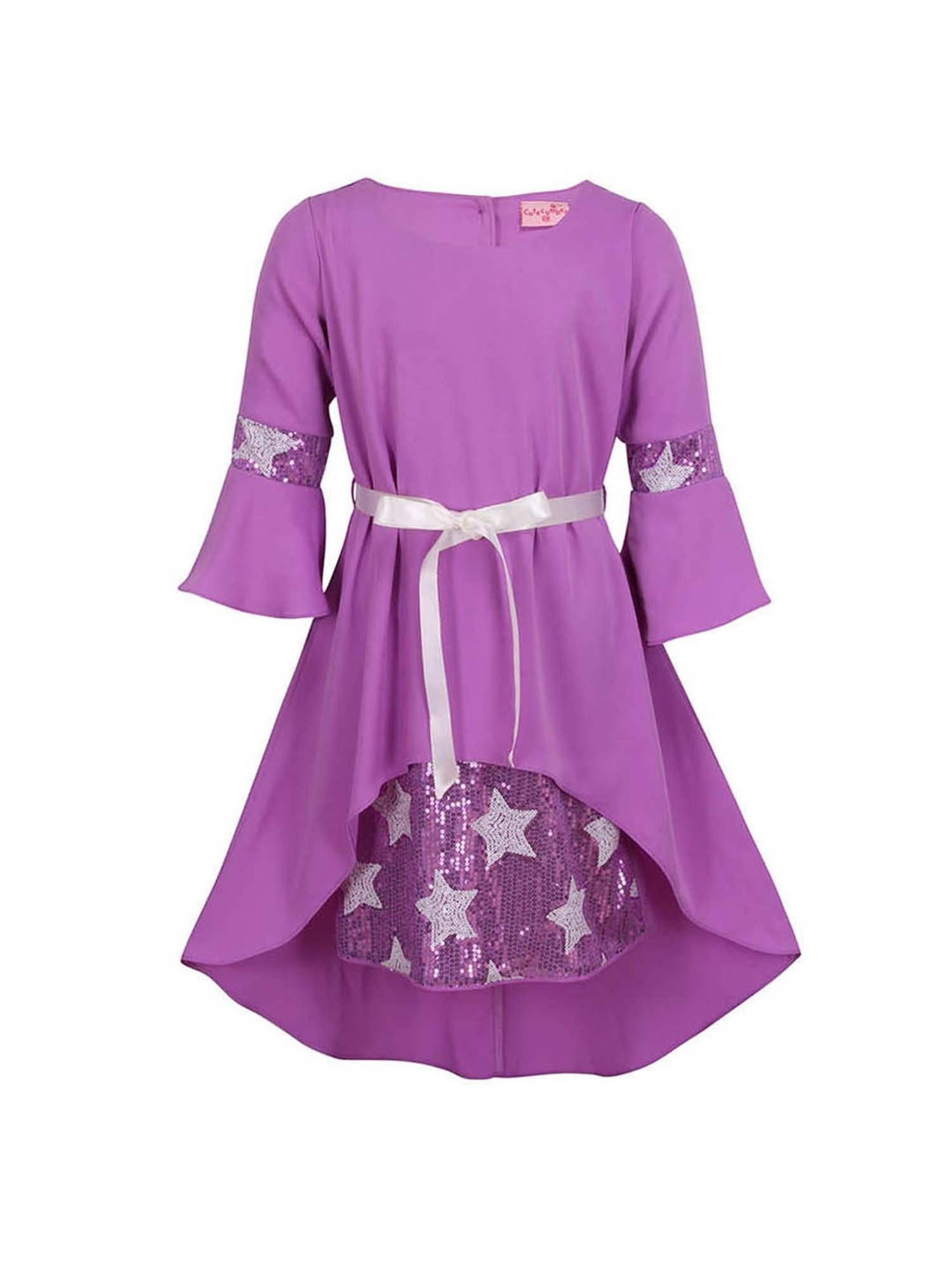 Cutecumber Kids Purple Embellished Dress With Ribbon Belt
