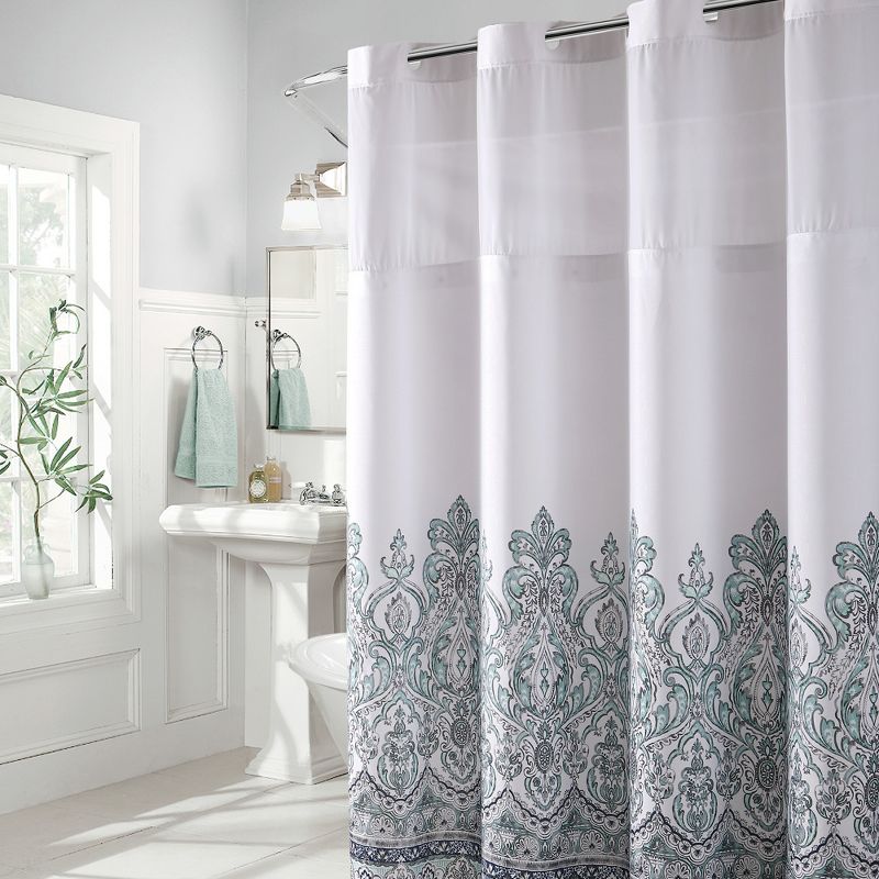 Damask Border Shower Curtain with Liner Blue - Hookless