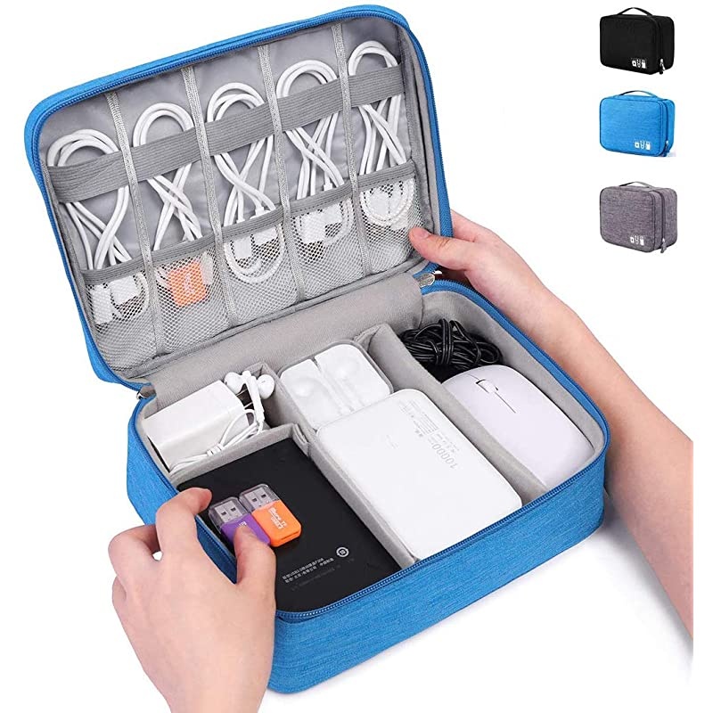 Electronic Organizer Travel, Universal Waterproof Carrying Case Cable Organizer Electronics Accessories Cases for USB Cables, Charger, Power Bank, Phone, E-Book Kindle, iPad or Tablet (Blue)
