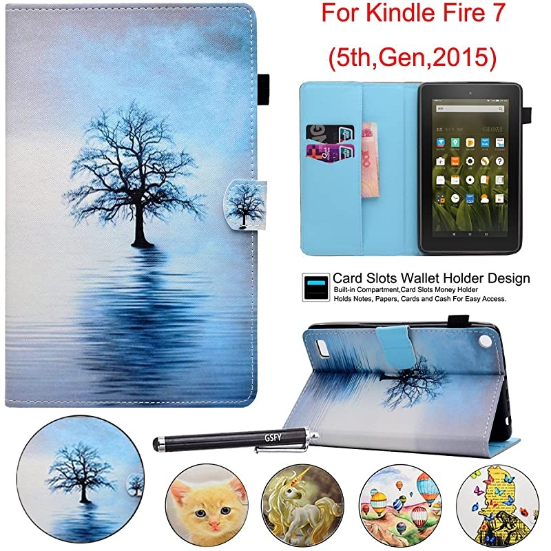 Case for  Kindle Fire 7 5th Generation 2015 Release Synthetic Leather Magnetic Closure Stand Cover with Card Slots for 2015 Fire 7 Display ONLY Blue Tree
