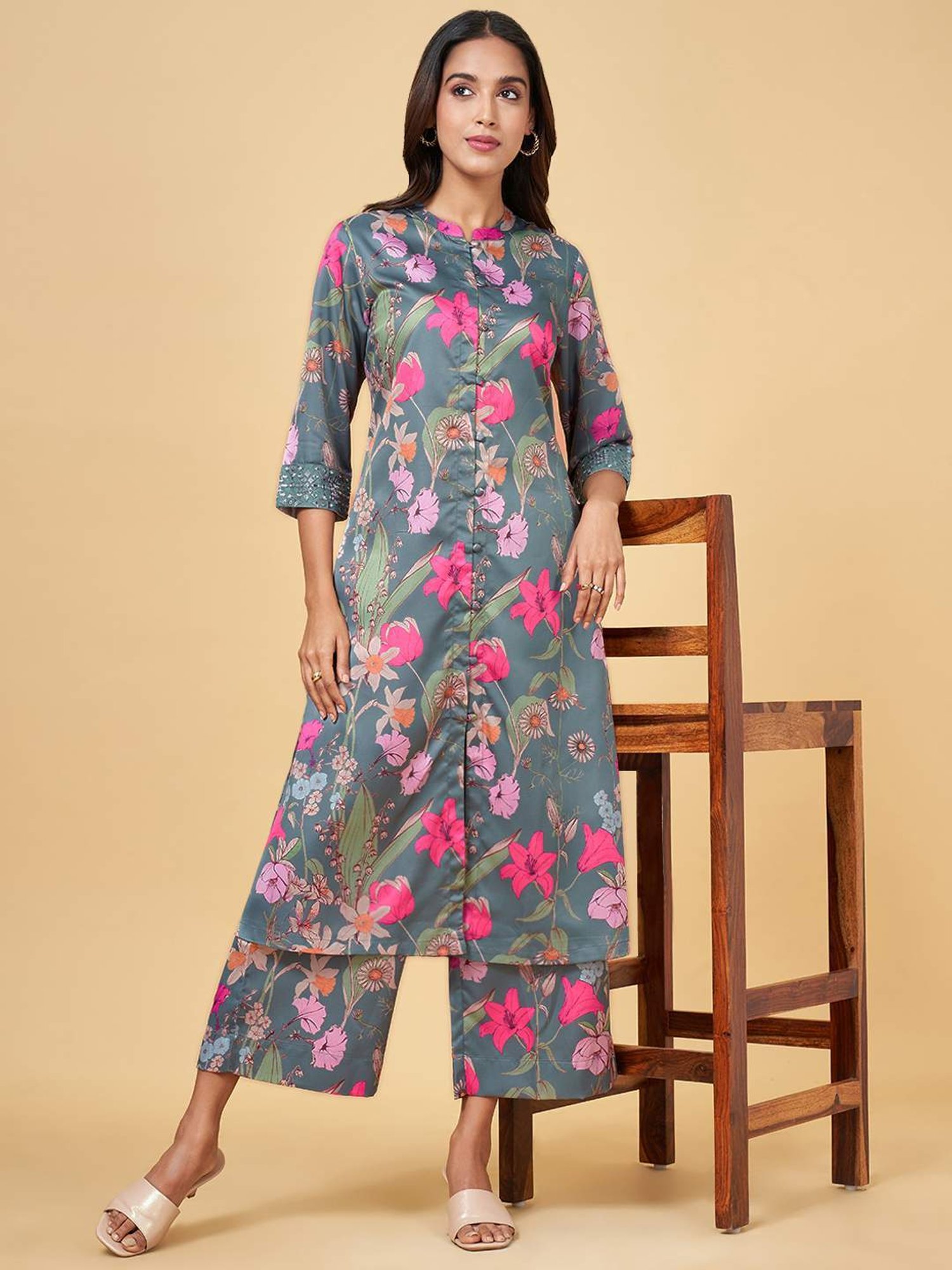 Rangmanch by Pantaloons Grey Printed Kurta Palazzo Set