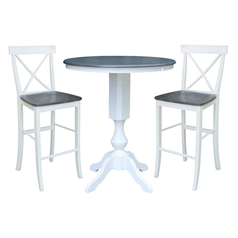 36" Round Extendable Dining Table with 2 X Back Stools White/Heather Gray - International Concepts