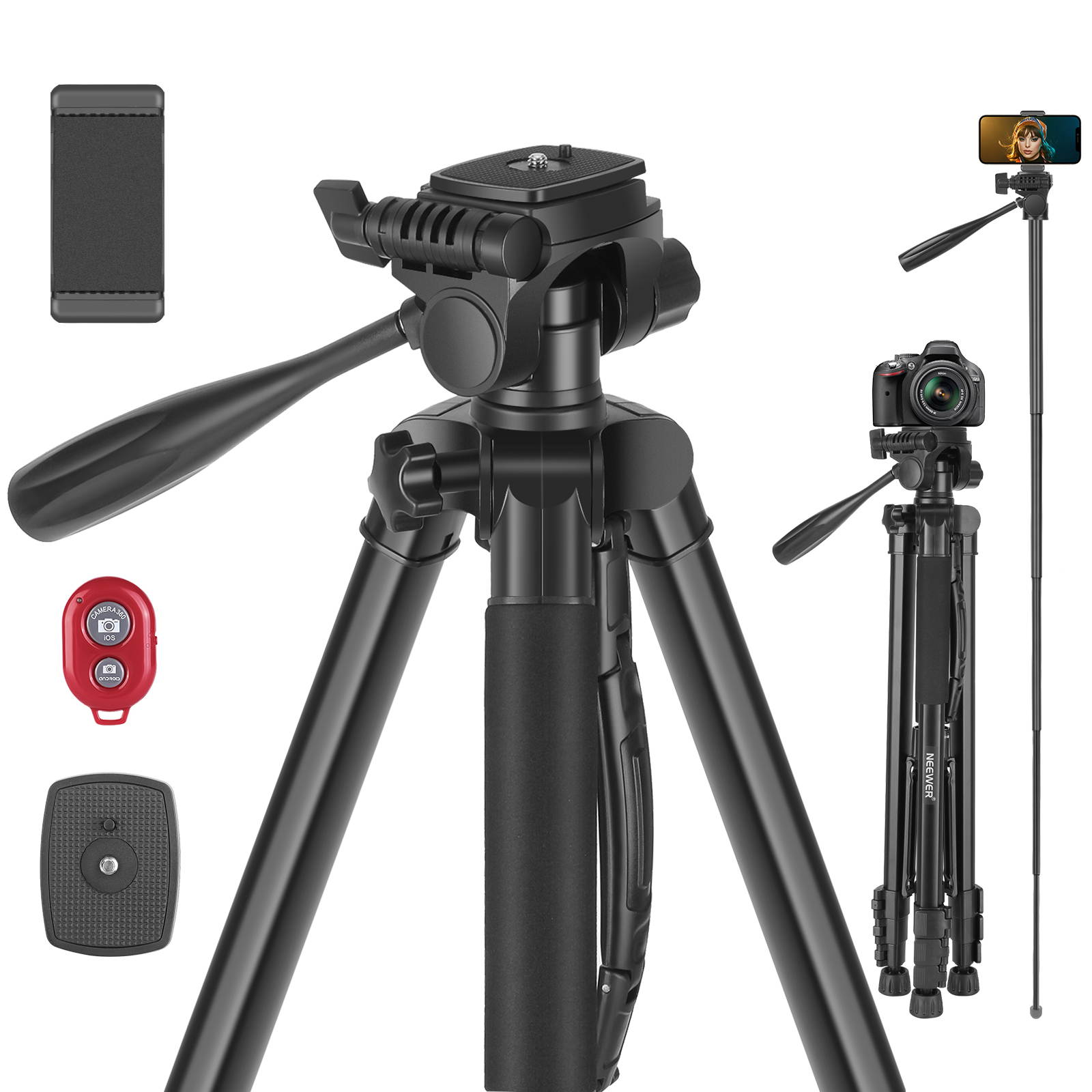 Neewer Camera Tripod, 2-in-1 Aluminum Alloy Tripod Monopod, Max. 72.8""/185 cm with 3-Way Swivel Pan Head, Phone Clip, Wireless Selfie  
Remote and Carrying Bag for DSLR Camera, DV Video Camcorder