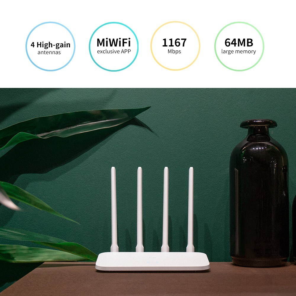 Xiaomi Router 4A Wireless WiFi 2.4GHz 5GHz Dual Band 1167Mbps WiFi Repeater 4 High-gain Antennas 64MB Memory APP Control Network Extender for Home and Office Use