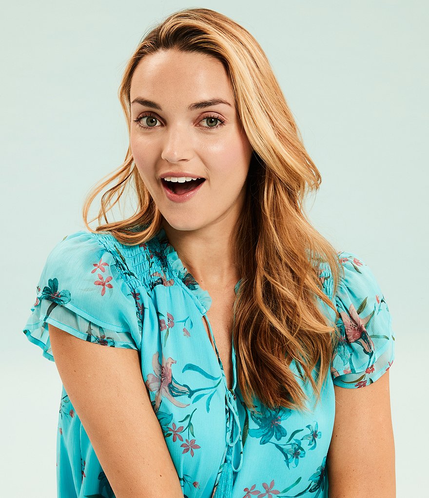 CeCe Short Sleeve Floral Tie Neck Blouse