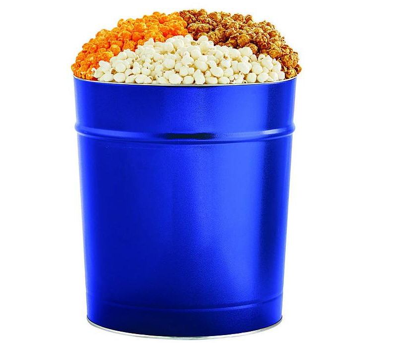 The Popcorn Factory Popcorn Gift Tin, Simply Blue, 3.5 Gallons (Robust Cheddar, White Cheddar, Caramel)