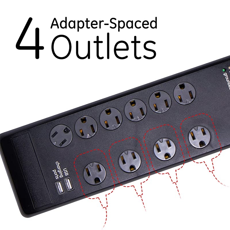 UltraPro Sur Protector 10 Outlet Power Strip 2 USB Charging Ports Extra Long 6ft Extension Cord 3 Prong Grounded Flat Plug 3000 Joules UL Listed Black 14096