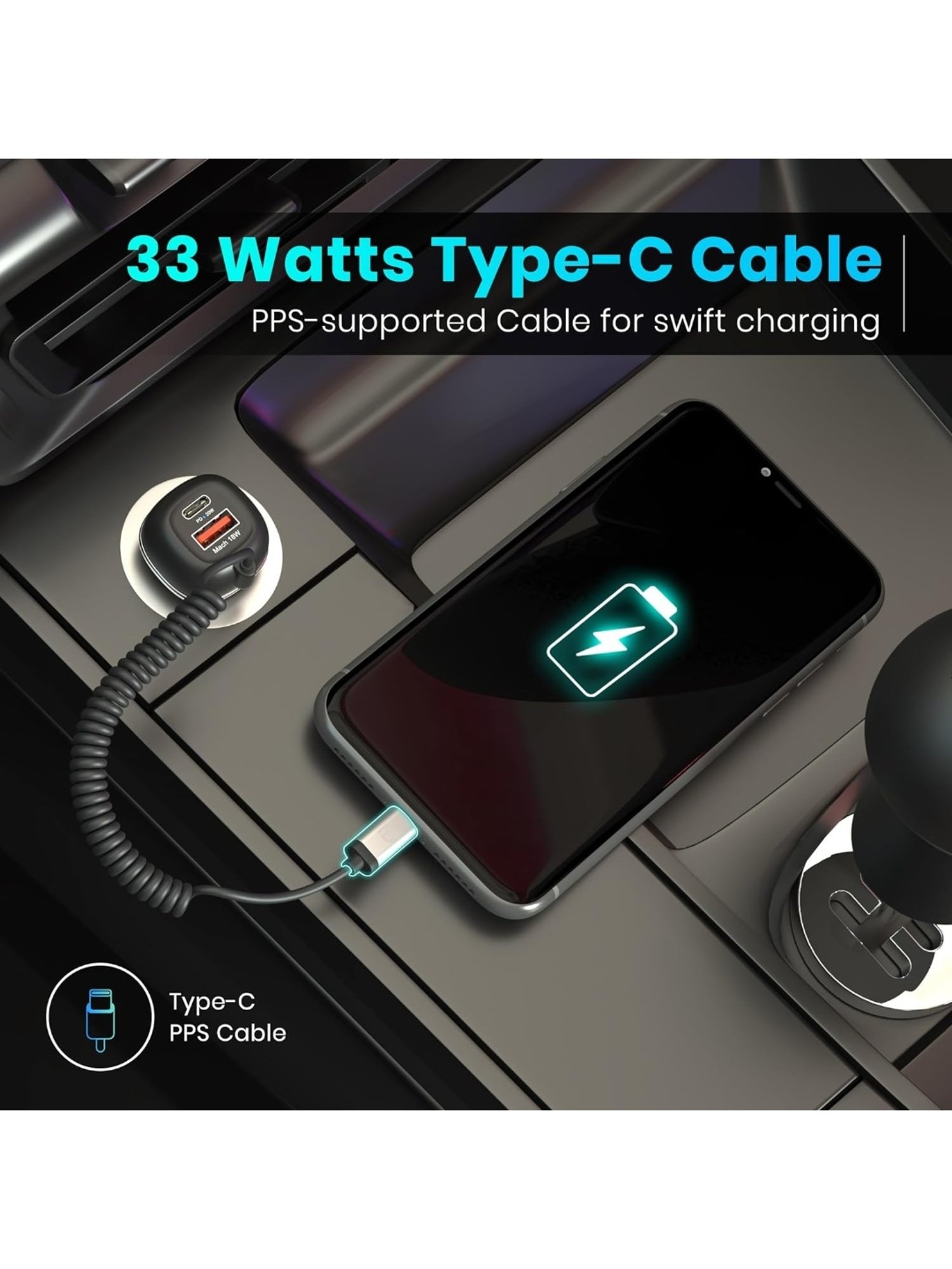 Portronics 71W Car Power 1C Triple Output Fast Car Charger with 33W Type C Cable (Black)