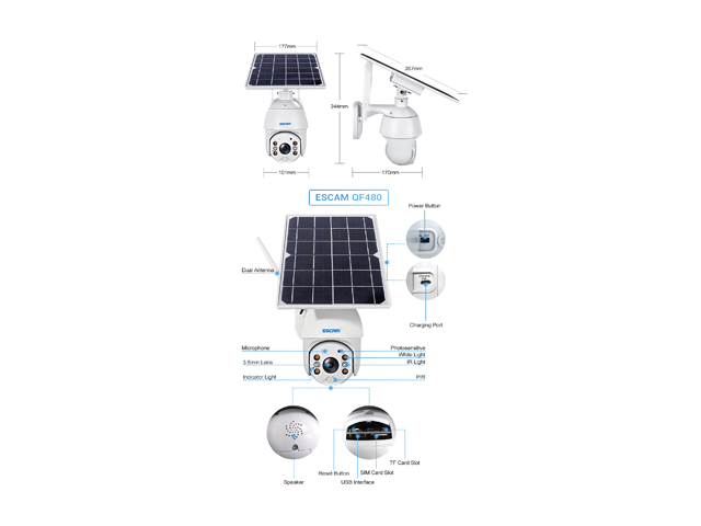 ESCAM QF480 1080P Cloud Storage PT 4G Battery PIR Alarm IP Camera With Solar Panel Full Color Night Vision IP66 Waterproof Two Way Audio Camera