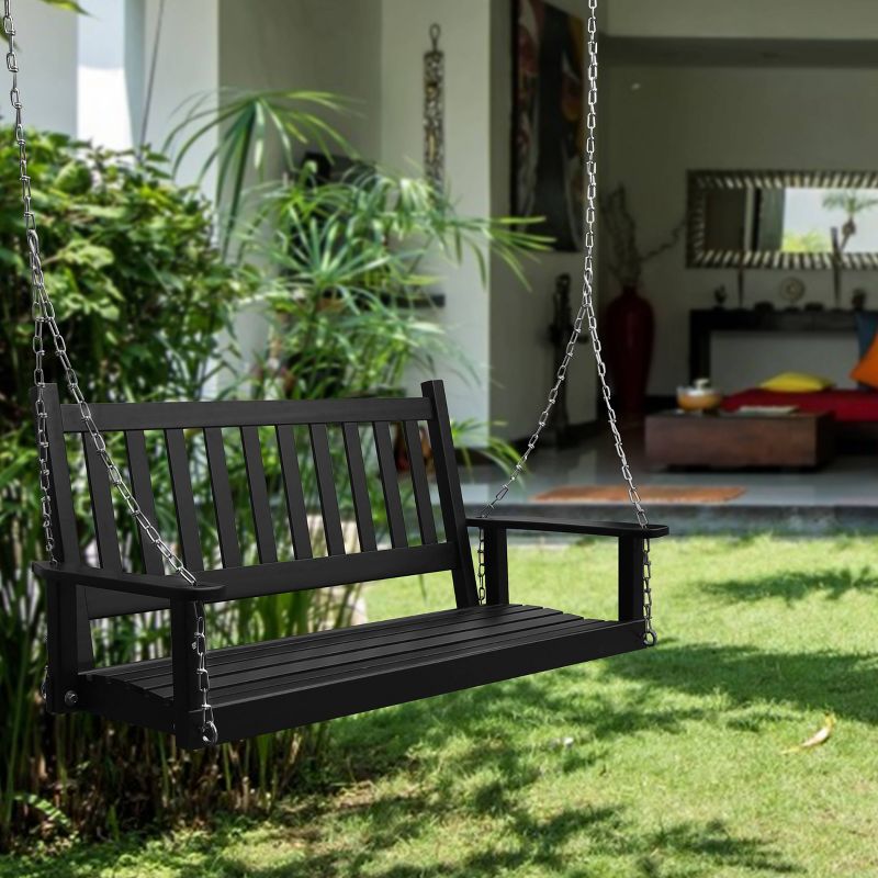 2 Person Outdoor Patio Wooden Porch Swing - Black - Veikous