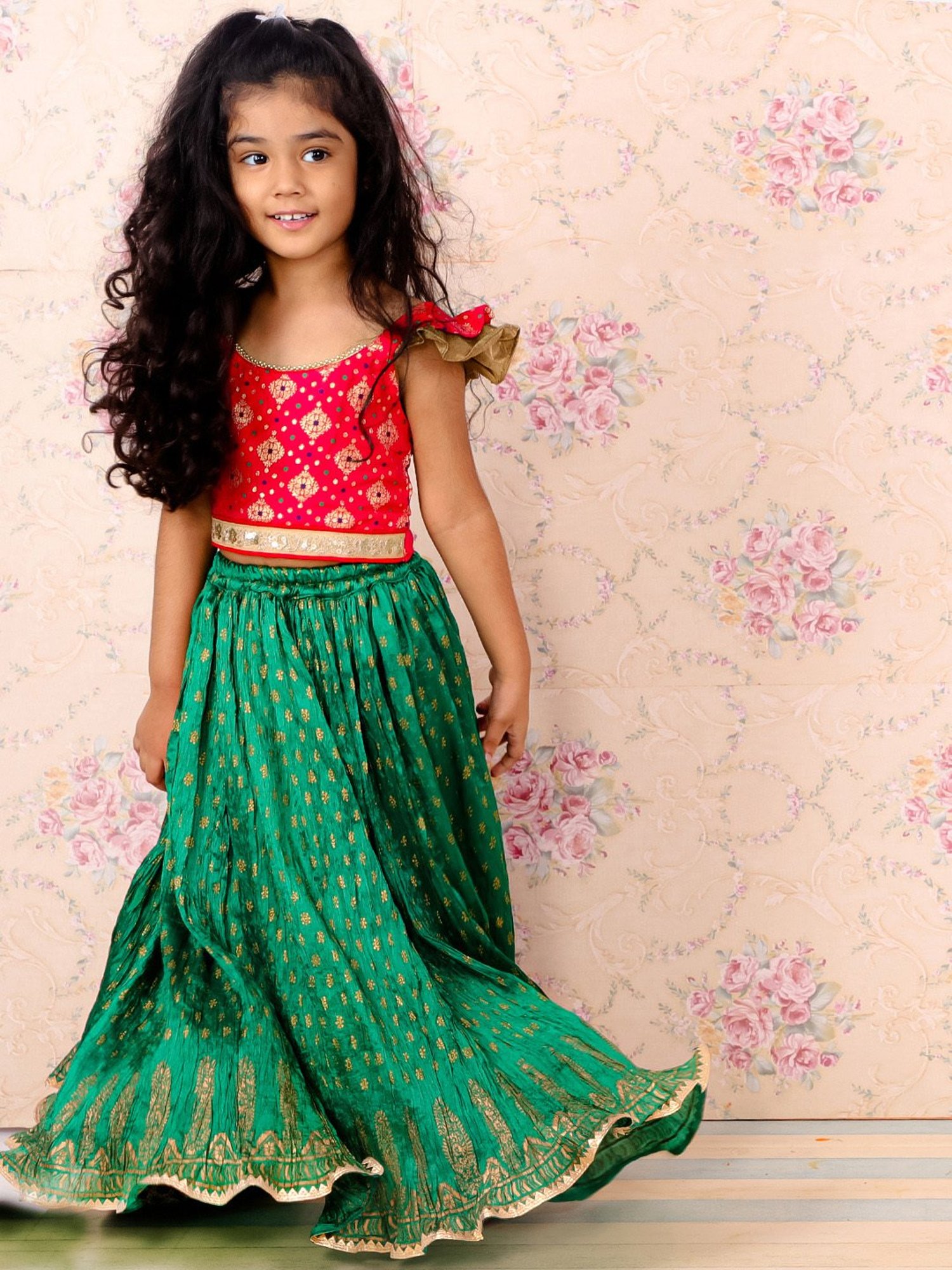 TWISHA Kids Red & Green Self Design Top with Ghagra