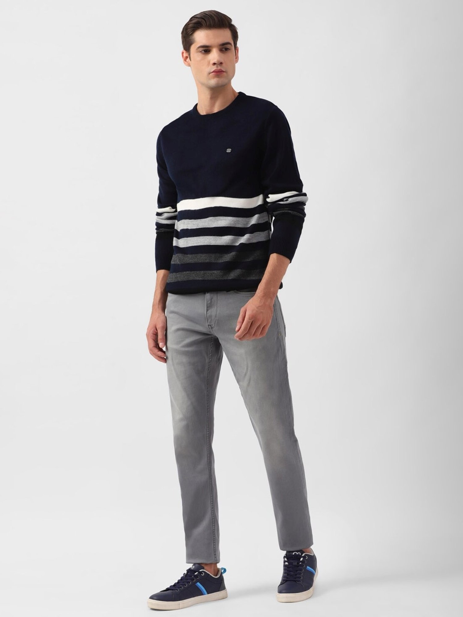 Peter England Navy Regular Fit Striped Sweater