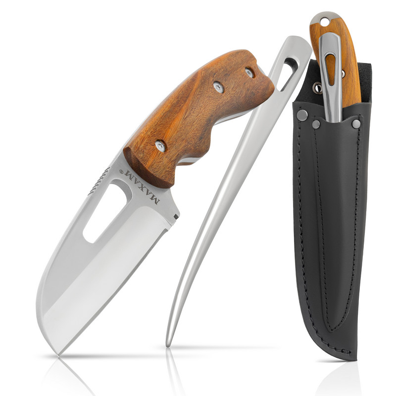 Maxam 8.5" Rigging Knife with Marlinspike - Full-Tang German Stainless Steel Fixed Blade Knife, Teak Wood Handle