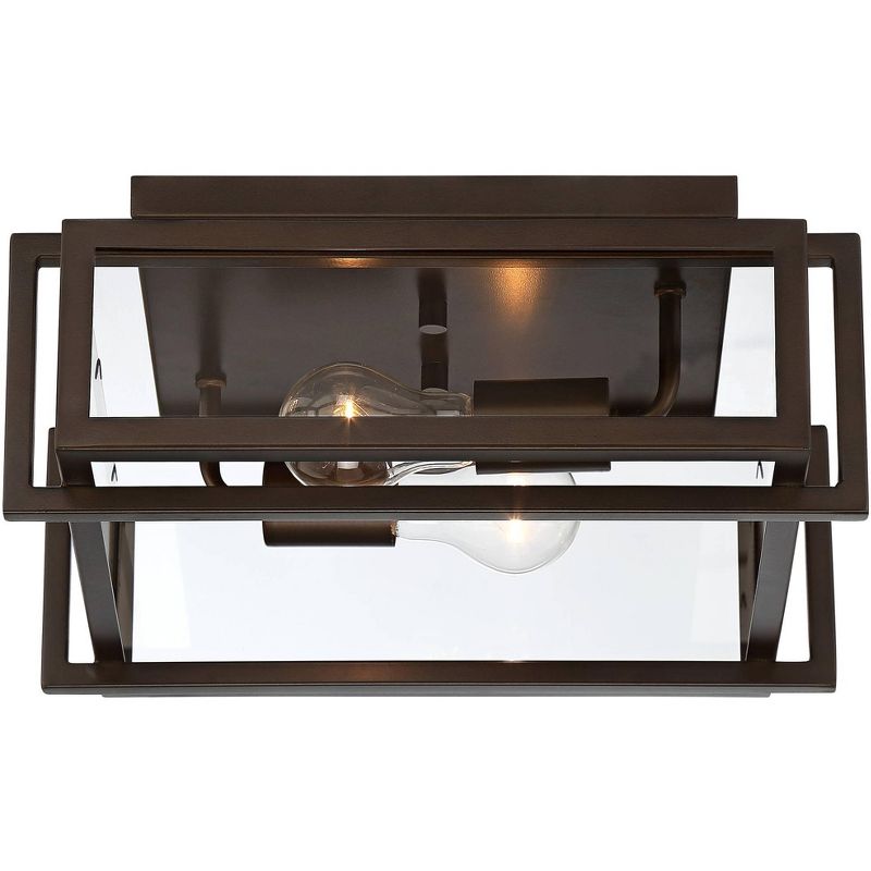 Franklin Iron Works Modern Industrial Ceiling Light Flush Mount Fixture Oiled Bronze 14" Wide 2-Light Clear Glass Bedroom Hallway