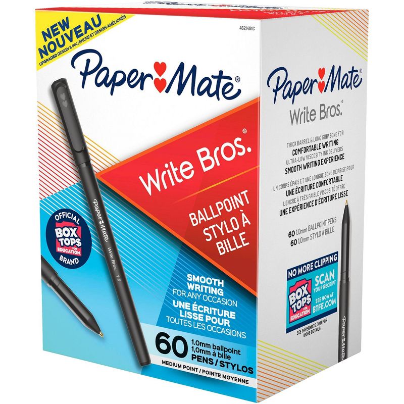 Paper Mate Write Bros. Ballpoint Stick Pen, 1.0 mm Medium Tip, Black Ink/Barrel, pk of 60