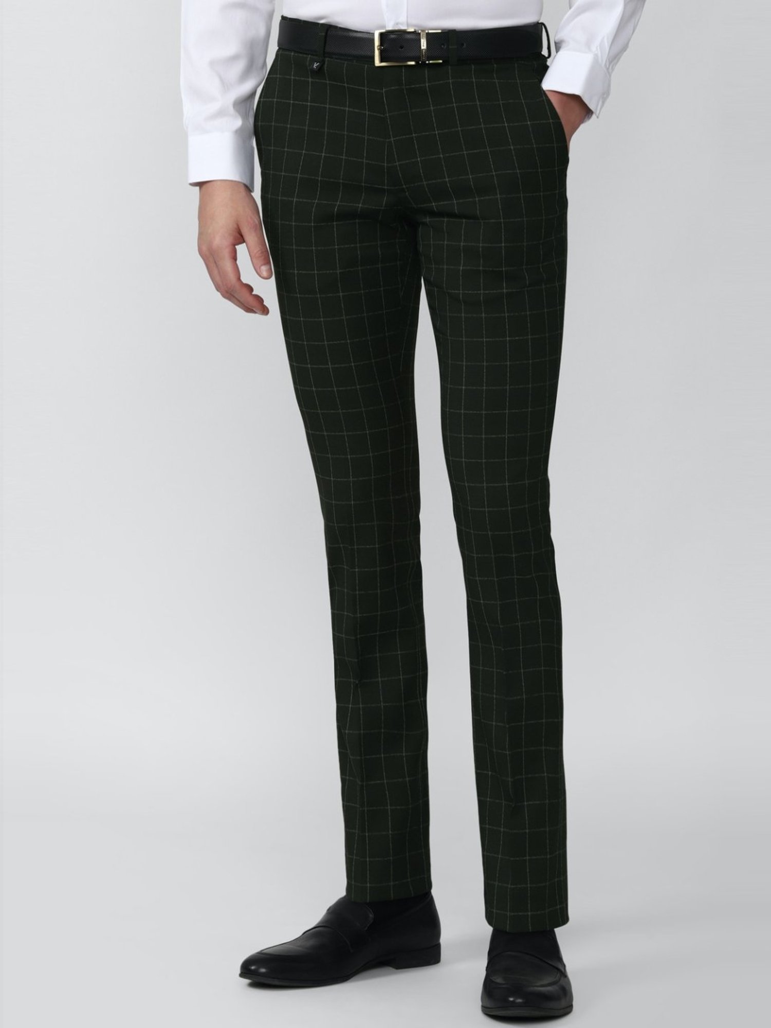 V Dot Olive Skinny Fit Checks Trousers