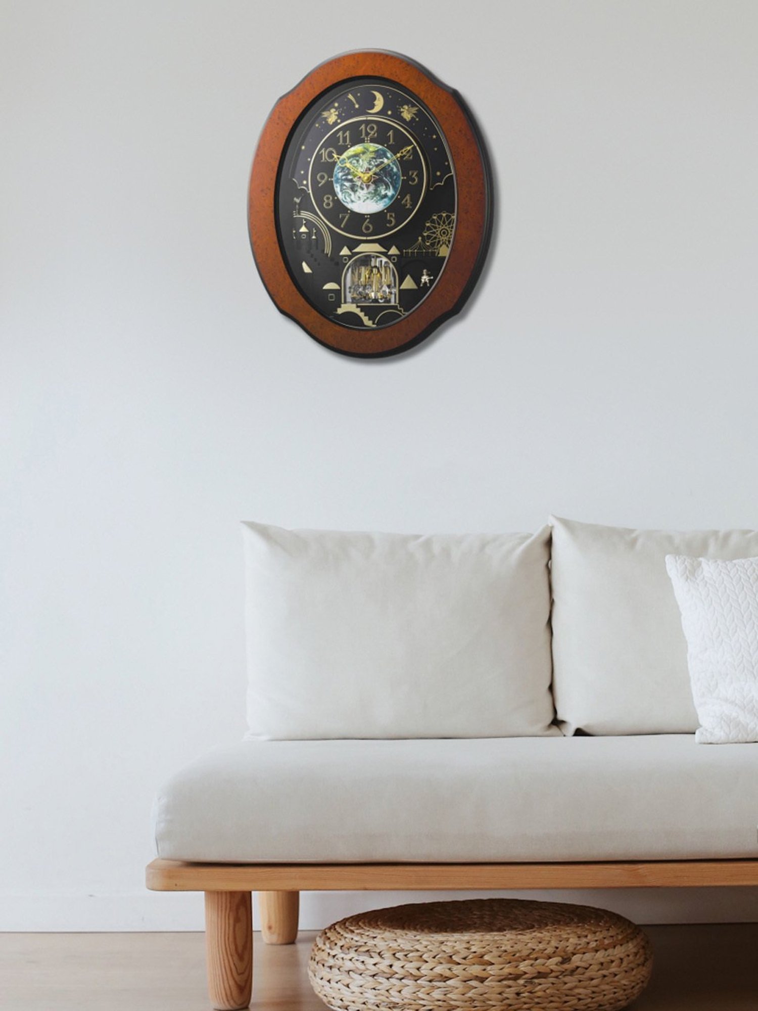 RHYTHM Brown Wood Stylish Oval Shaped Melodies In Motion Wall Clock