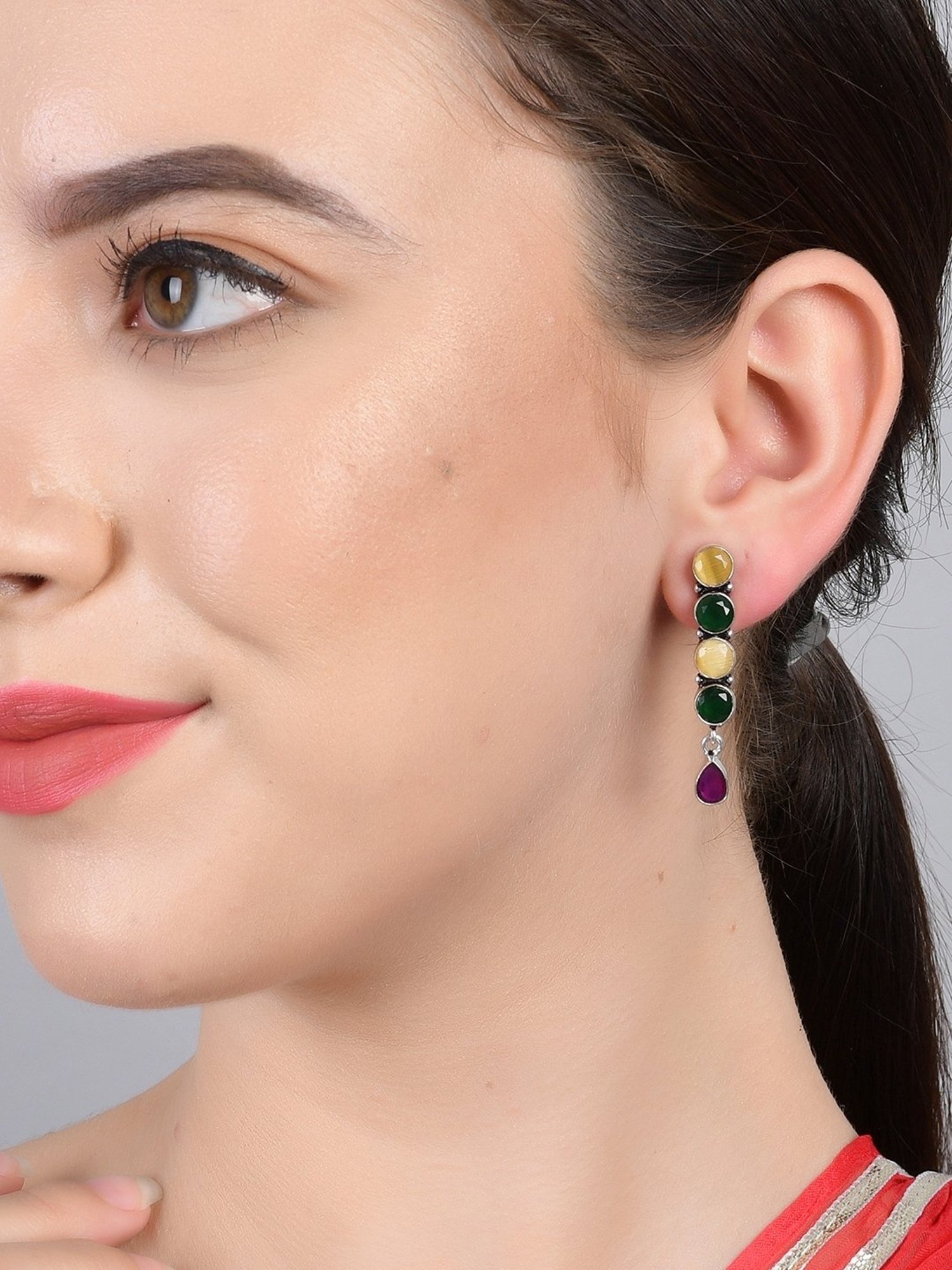 Imli Street Multicolor Silver Tone Stone-Studded Handcrafted Dangler Earrings