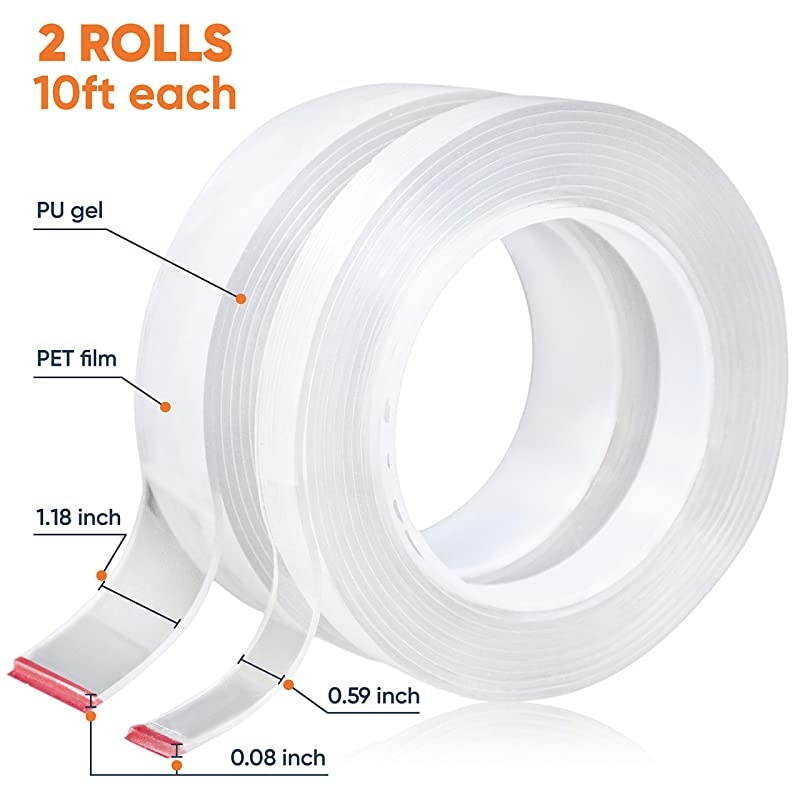 Premium Double Sided Tape Heavy Duty 17.5 lbs Reusable Adhesive Removable Washable Multipurpose Mounting Tape Gel Grip Tape Carpet Tape for Home Office Kitchen Car Poster 2 Rolls 20 FT