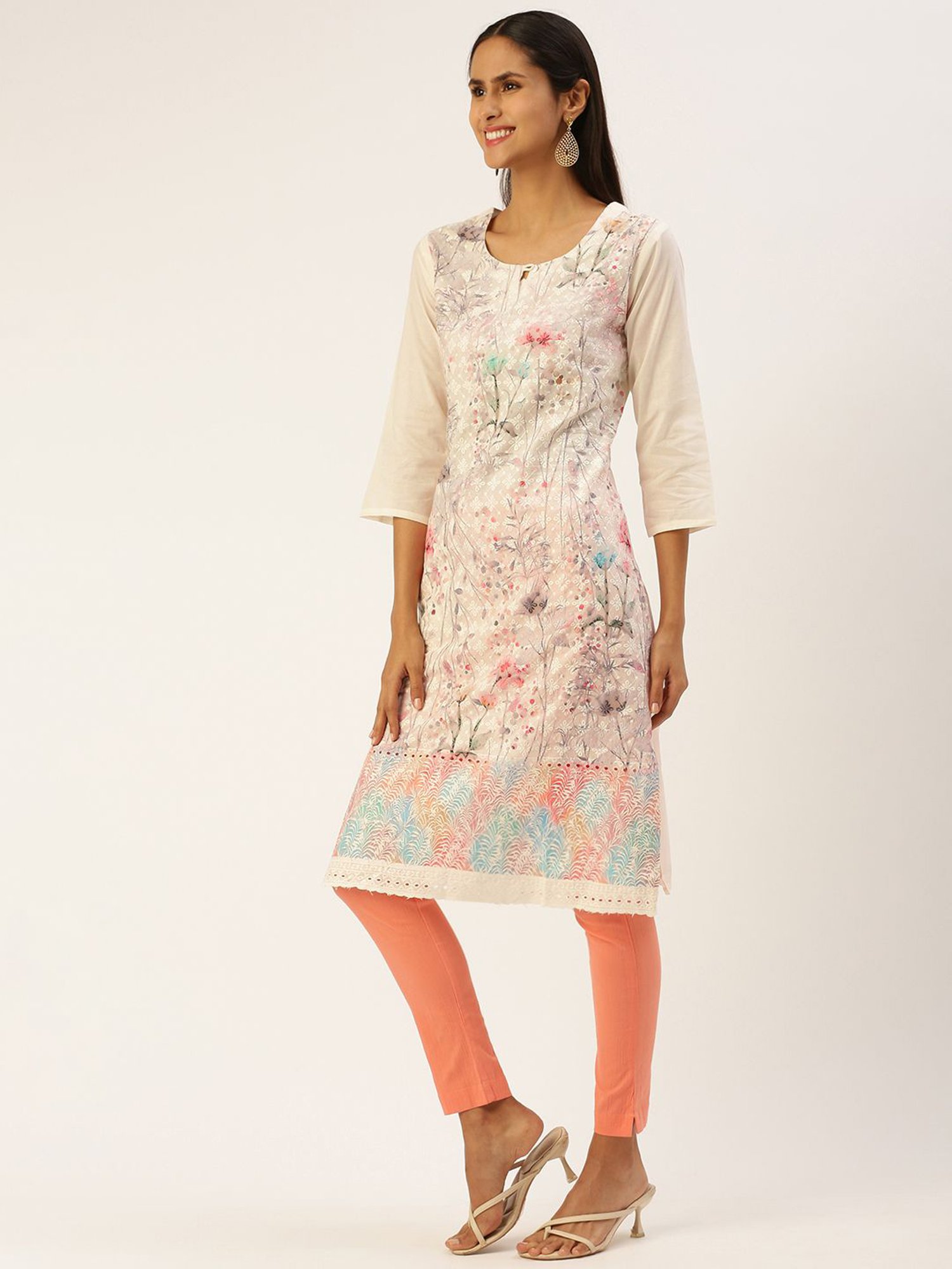 SHANVIKA Cream Embroidered Cotton Straight Kurta