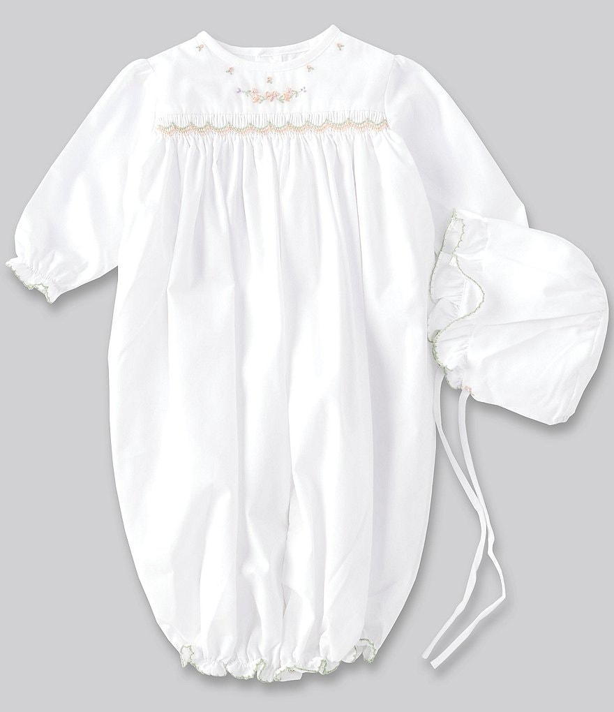 Petit Ami Baby Girls Newborn Batiste Smocking Flowers Convertible Gown & Hat Set