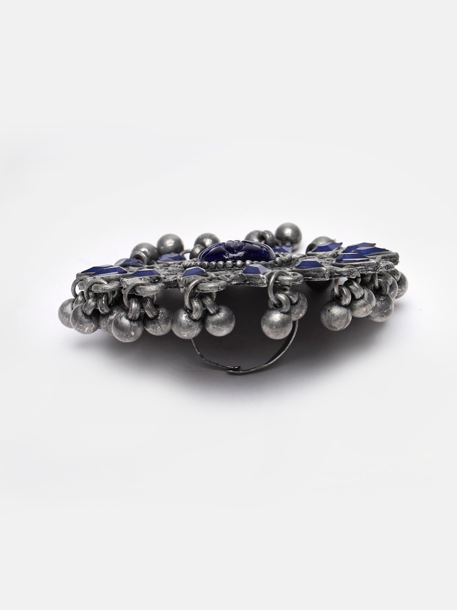 Moedbuille Blue Agate Crystals Studded Filgree Work Oxidised Silver Plated Handcrafted Finger Ring